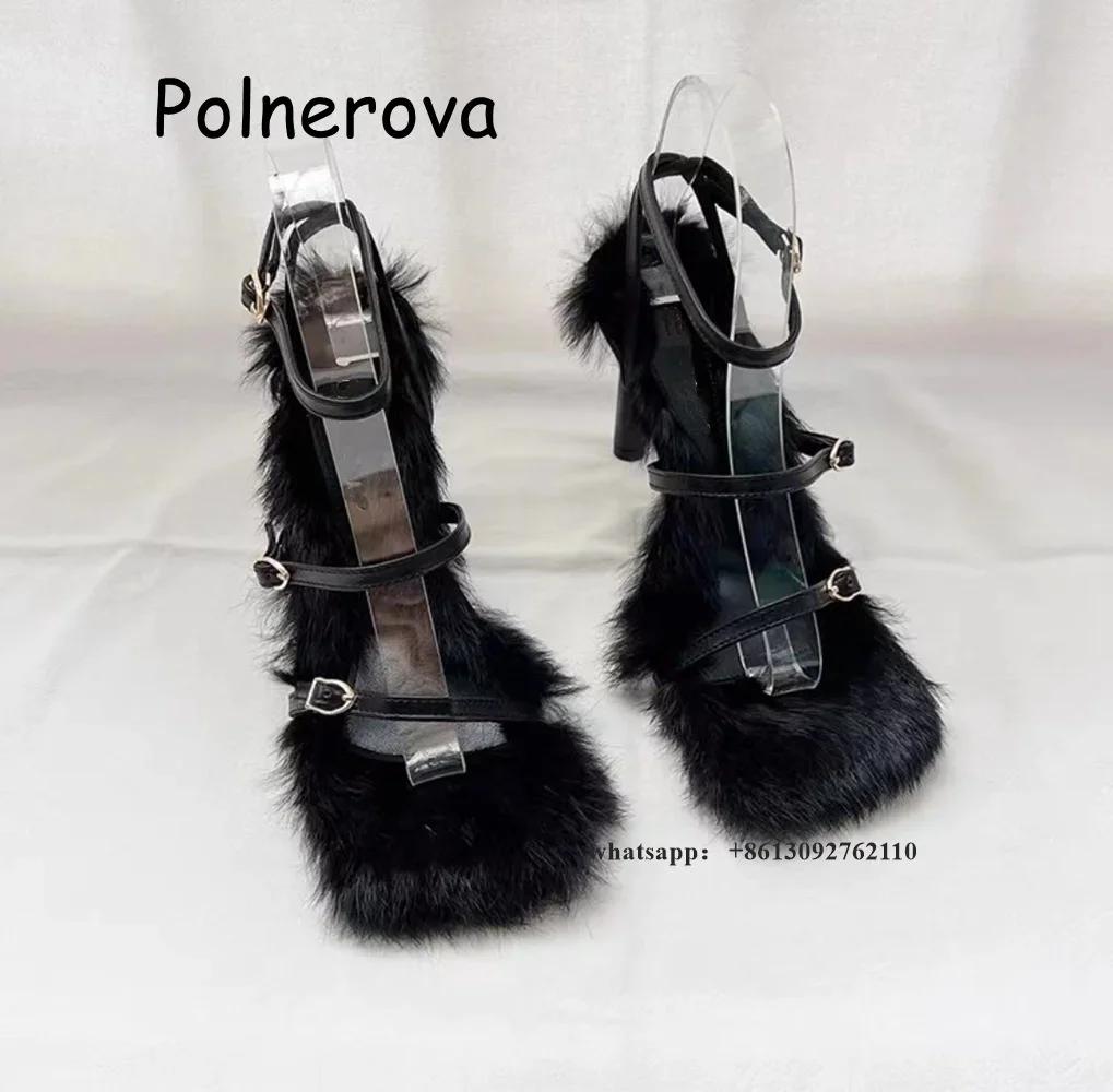 Fur Square Toe Sandals One Word Belt Thin Heels Women\'s Shoes Global Buckle Front Rear Strap Summer Casual Elegant Sweet Shoes