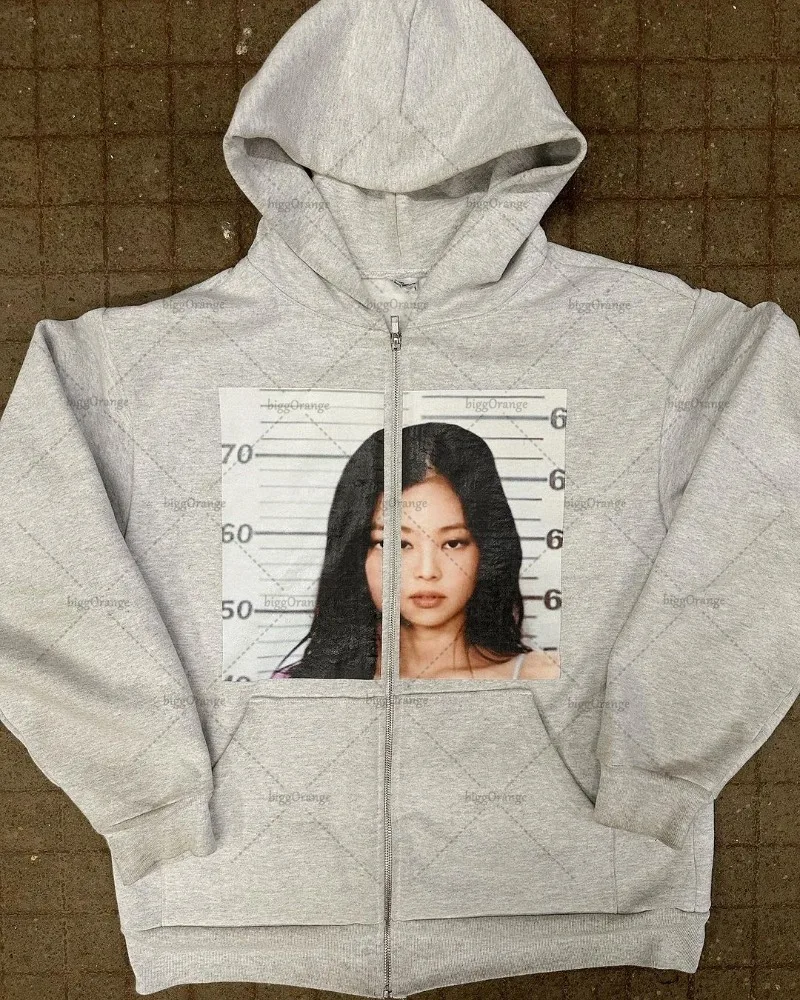 Harajuku Retro Girl Group Portrait Print Zipper Hoodie Y2K Streetwear Women Hip-hop Trendy Brand Casual Oversized Sweatshirt Men