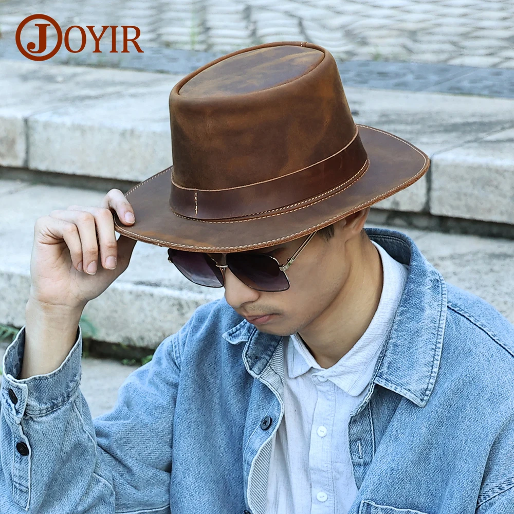 JOYIR Genuine Leather Men\'s Classic Cattleman Cowboy Hat Handcrafted Western Shapeable Durable Large 60CM Outdoor Cap