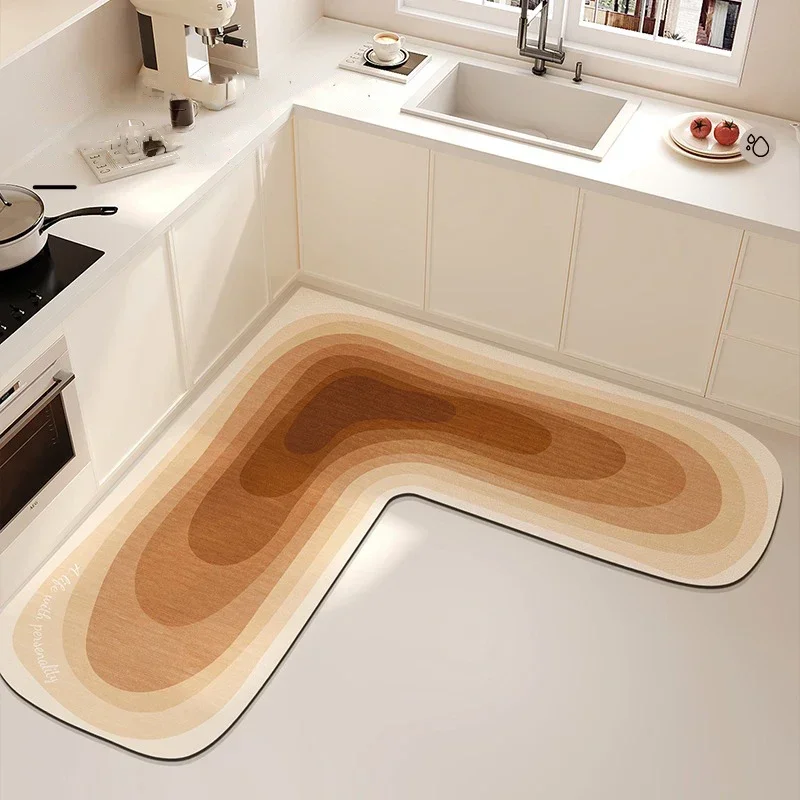 Kitchen Floor Mat Water-absorbing Non-slip Mats L-shaped Diatom Mud Oil-absorbing Carpet Black Gradient Rug Home Decoration Rugs