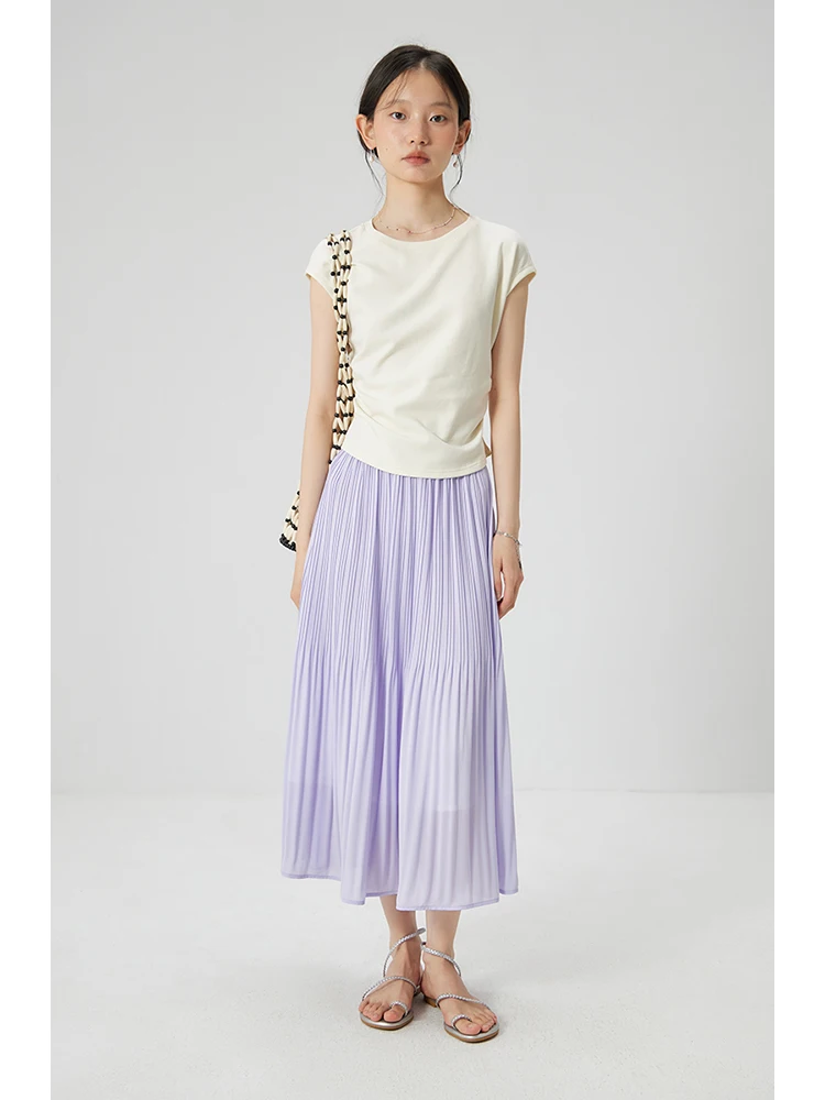 ZIQIAO Petite Purple Pleated Skirt for Women 2024 Summer New Style High Waist Slimming Pleated Mid Length Skirt 24ZQ92456