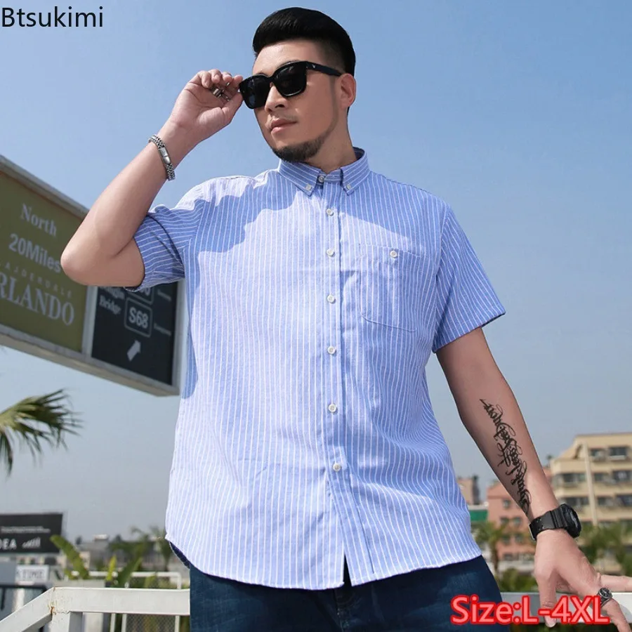 

Oversized 10XL 8XL Men's Loose Casual Shirts 2025 Summer Short Sleeve Lapel Cardigan Shirts Fashion Stripe Business Work Shirts