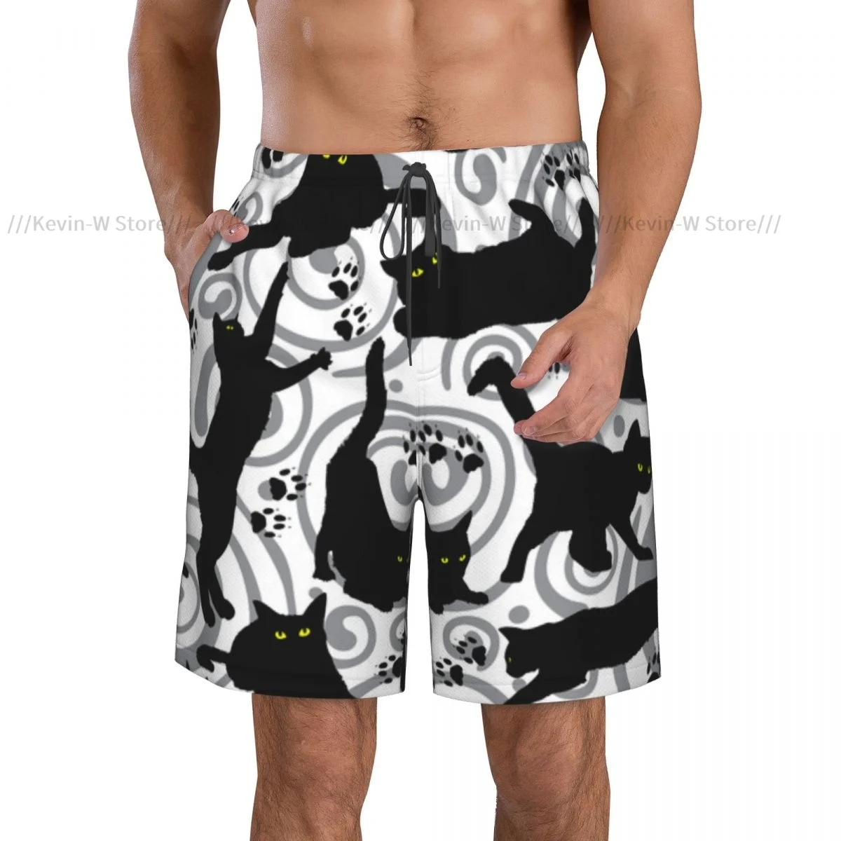 Summer Men Swimwear Breathable Quick Dry Trunks Black Cat Pattern Beach Shorts for Running Training Surfing