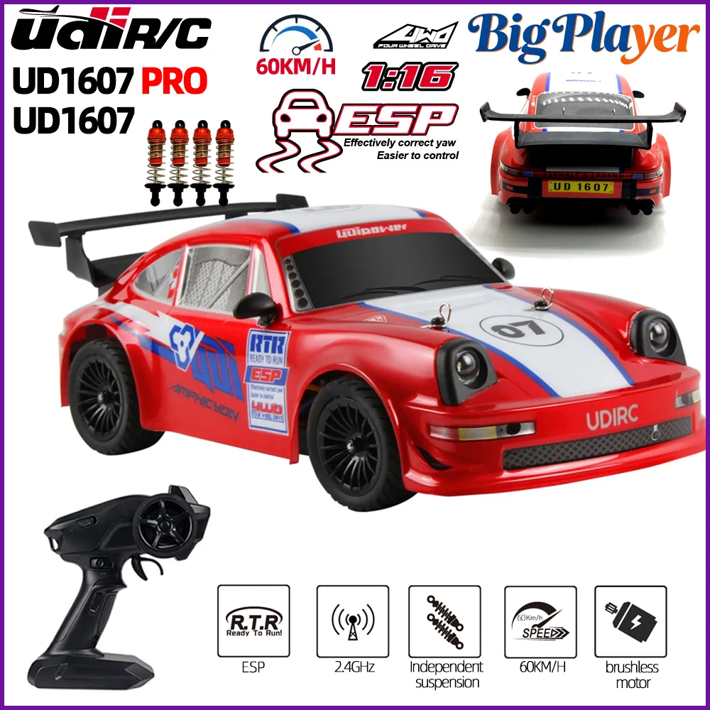 

UDIRC UD1607 UD1607Pro 1/16 4WD Brushless RC Car 60km/h High Speed Off-Road Drift Racing 2.4G LED RTR Toy Gift for Kids Adults