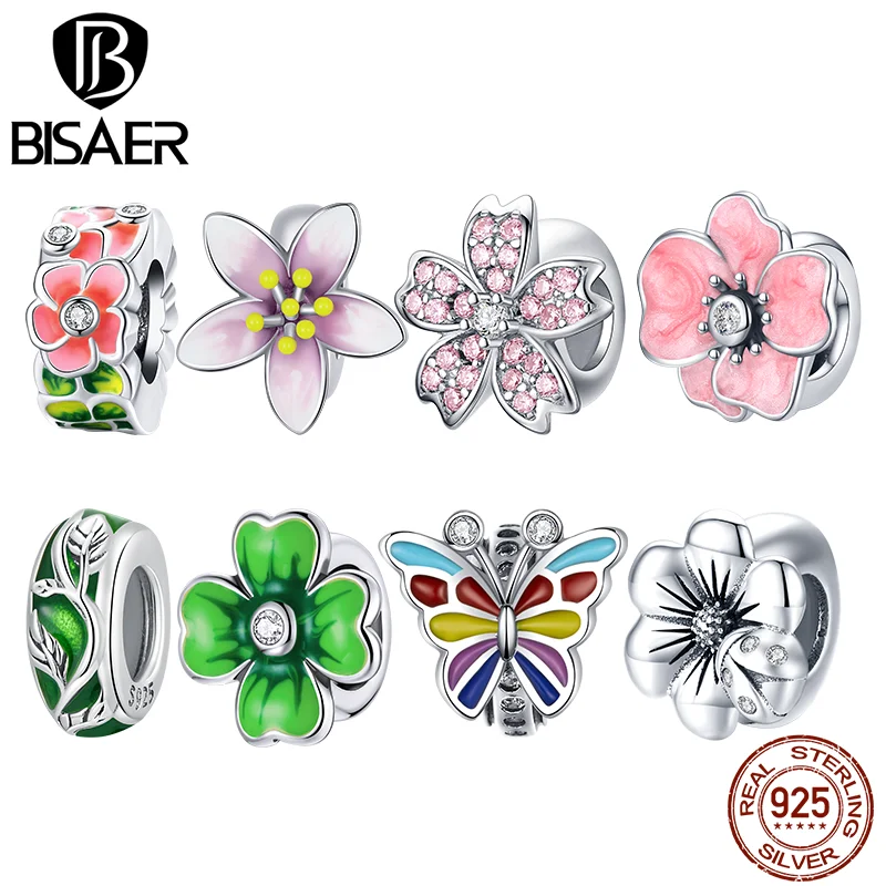 BISAER 925 Sterling Silver Silicone Cherry Blossom Charm Pendant Beads Fit for Original Bracelet DIY Women Gift  Fine Jewelry