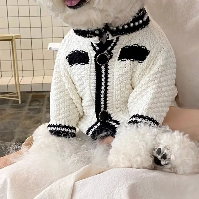 Autumn Winter Dog Pearl Neck Knitted Cardigan Sweater for Small Medium Sized Dogs Cats Cute Cardigan Dog Clothes Dog Sweater