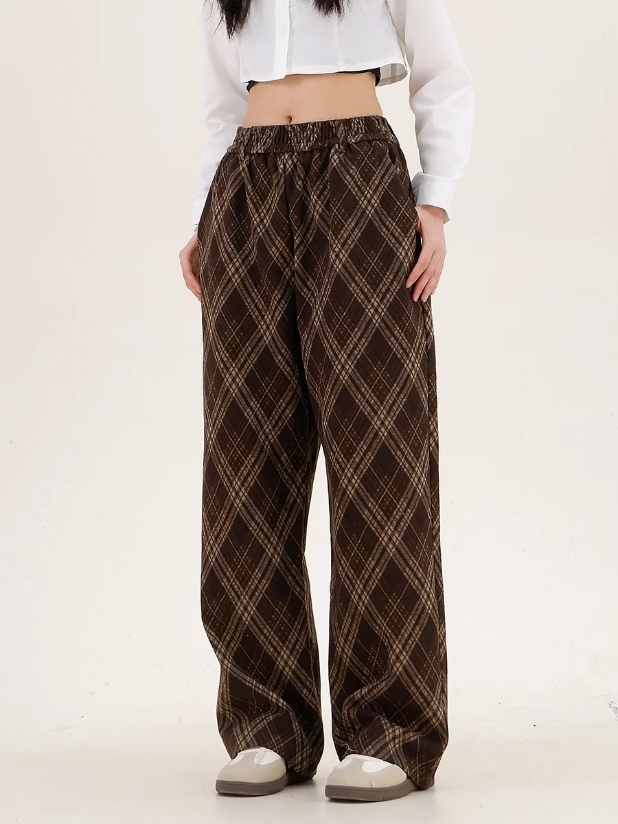 

Maillard Plaid Casual Pants 2024 Autumn New Loose Bf American High Street Trendy Brand Wide-legged Women