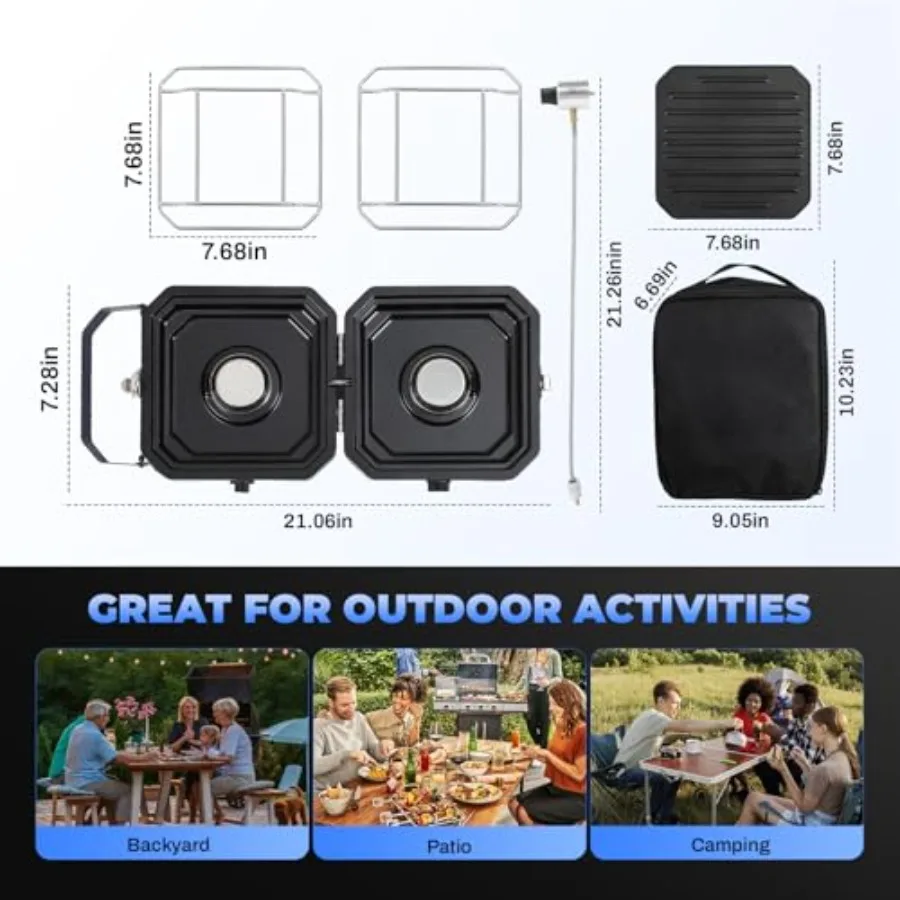 موقد بروبان محمول قابل للتعديل بشعلتين مع وحدة حرارية بريطانية 16000 وحدة حرارية بريطانية وإشعال بيزو للتخييم في الفناء الخلفي للشواء يتضمن مدمجًا