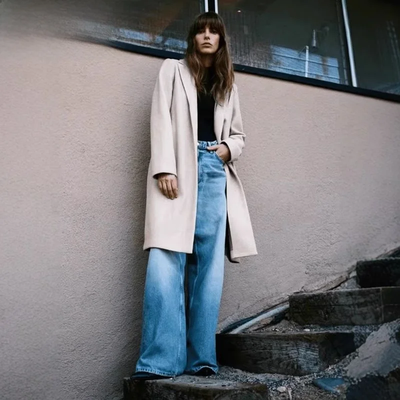 

Autumn 2024 Women's Long Sve Turn-down Collar Coat with Side kets Medium Length Commute Sle Loose Fit Woolen Jaet