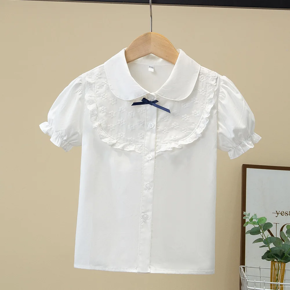 

Girls White Shirt Summer Short Sleeved 2026 New Childrens Pure Cotton Bow College Style Top