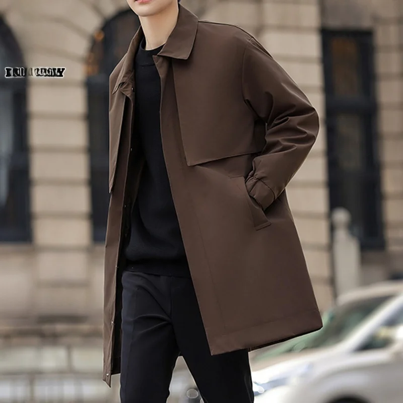 

Мужское длинное пальто Весна 2026: Новинка, повседневное, свободного кроя, ветровка с пуговицами, из полиэстера, молодежная мода