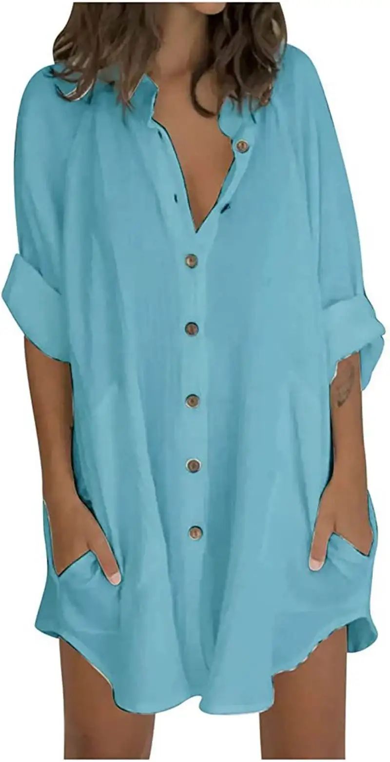 เสื้อผู้หญิงลำลอง Faion รุ่น Dr M3XL ผ้าฝ้ายสำหรับฤดูร้อน คอวี แขนยาวปานกลาง ทรงตรงติดกระดุม