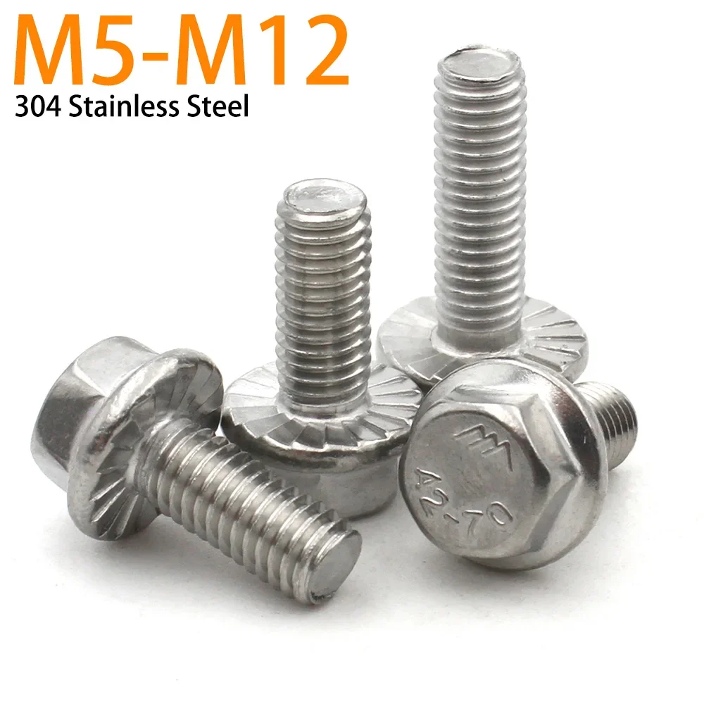 

10pcs M5 M6 M8 M10 M12 A2-70 304 Stainless Steel Hexagon Head with Serrated Flange Cap Screw Bolt Hex Washer Head GB5787