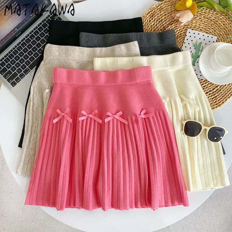 Matakawa Knitted Mini Skirts Solid A-line Bows Sweet Autumn Winter Faldas Mujer Korean Fashion Pleated High Waist Women Skirt