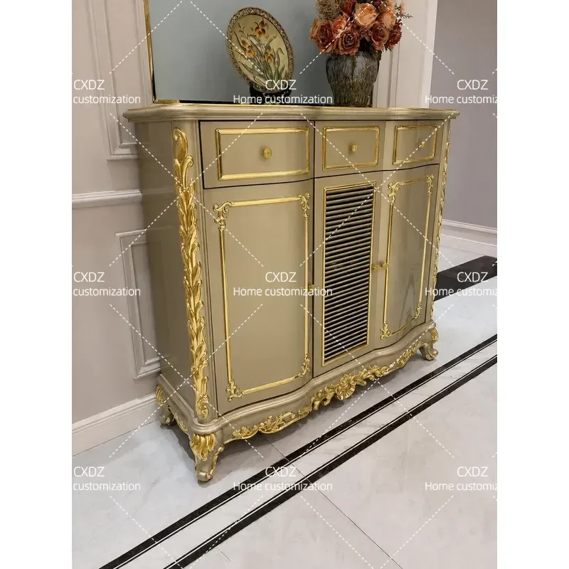 Full Solid Wood Shoe Cabinet with Carved Floral Details and Marble Top High End Entryway Storage Locker Living Room Partition
