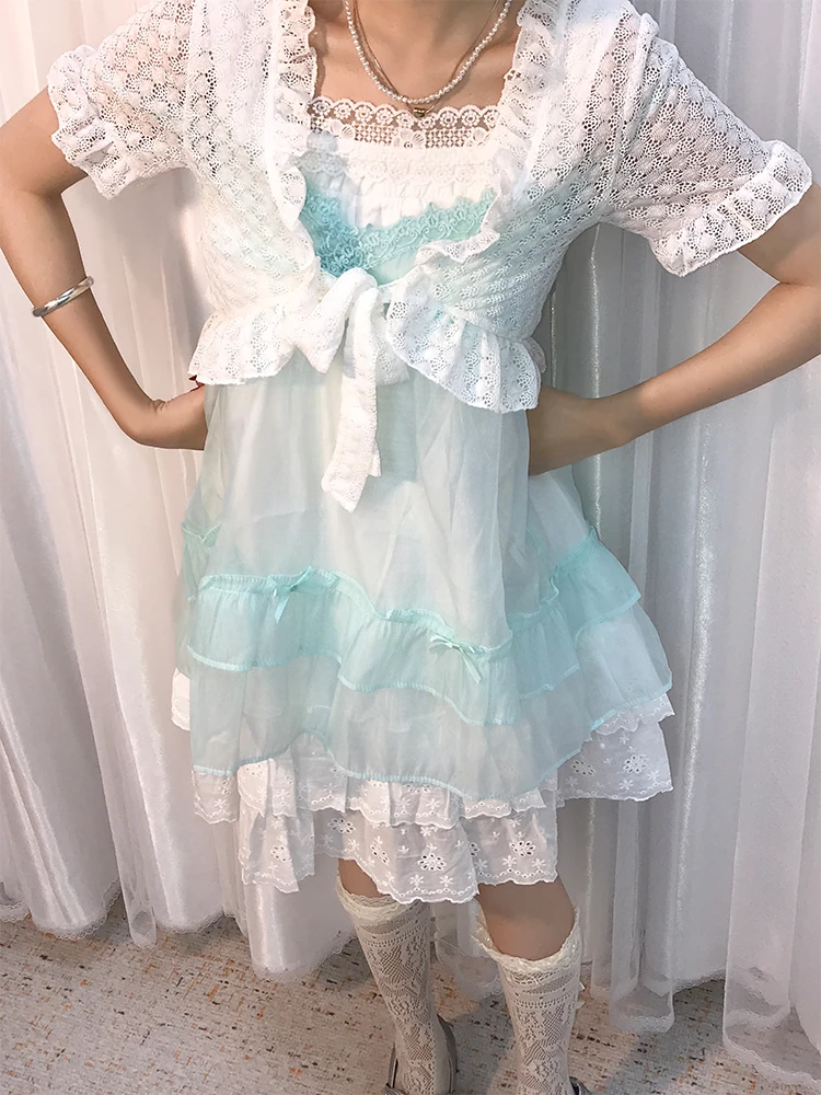 Retro Japanese Sle Lace Set Cute Summer Fre Small Size Women's Clothing Two-Piece Suit Polyester Fiber Casual Dres