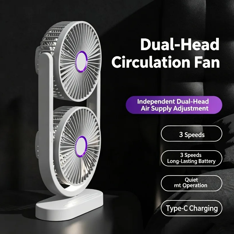 Dual Head Desk Independent Control Fan USB Rechargeable 3 Speed Adjustable 360° Airflow Low Noise Twin Turbo Fan For Office Home