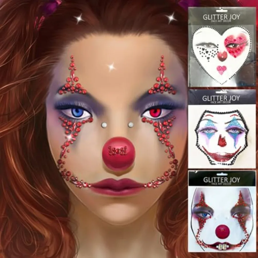 Clown Face Gems Day of the Death Scary Face Jewels Face Jewels Fake QN Tattoo Stickers, 3-Pack