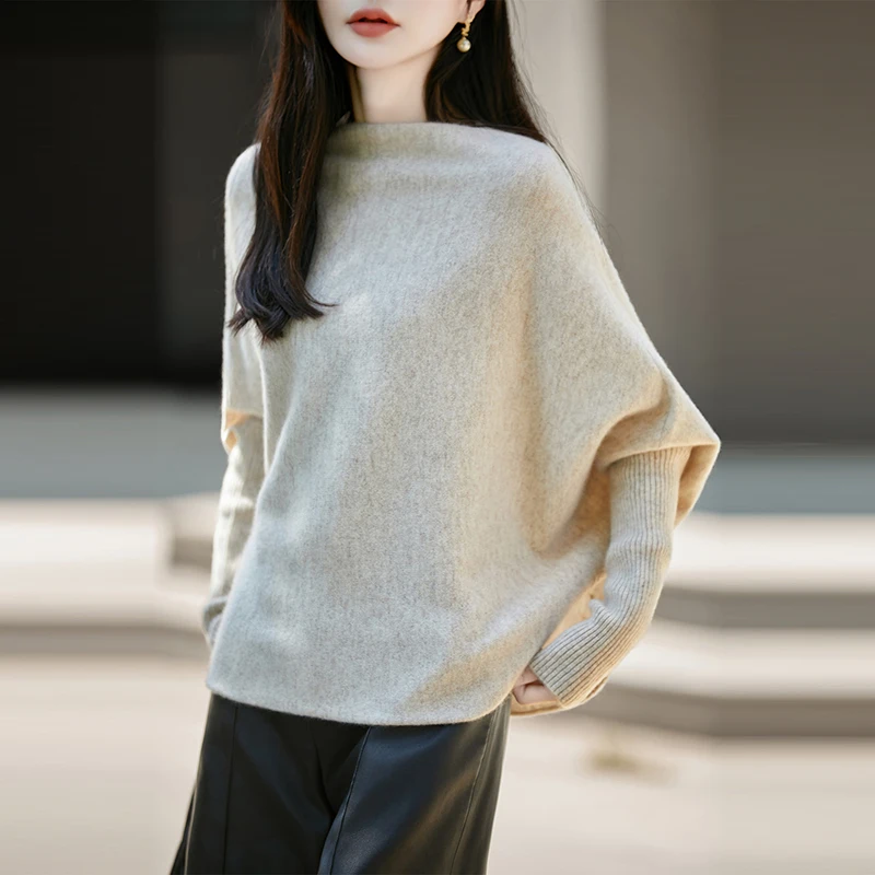 2026 New Arrivals Autumn And Winter 100%Wool Women's Knitted Pullover Soft Knitwear Bat Warm Knitwear Loose Top Girl's