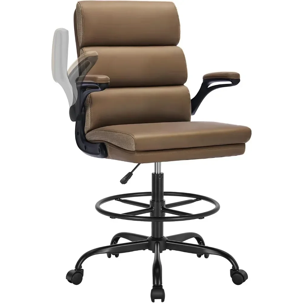 Office Chair with Soft Cushioned Flip Armrests,Ergonomic,Equipped with Comfortable Leather Backrest and Adjustable Footrest Ring