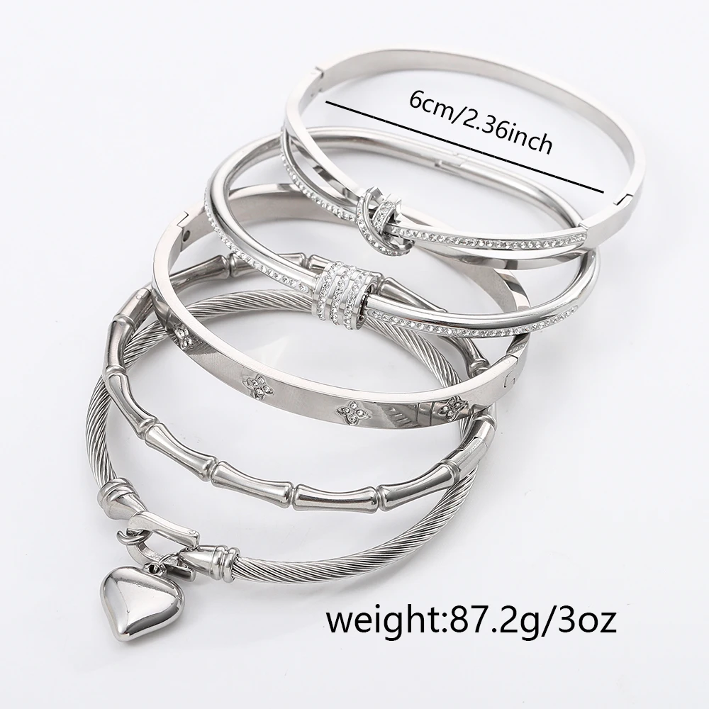 5PCS Classic Fashion Stainless Steel Cuff Bracelets, Waterproof Silver Color Love Zircon Bangle, Unique Jewelry Gifts