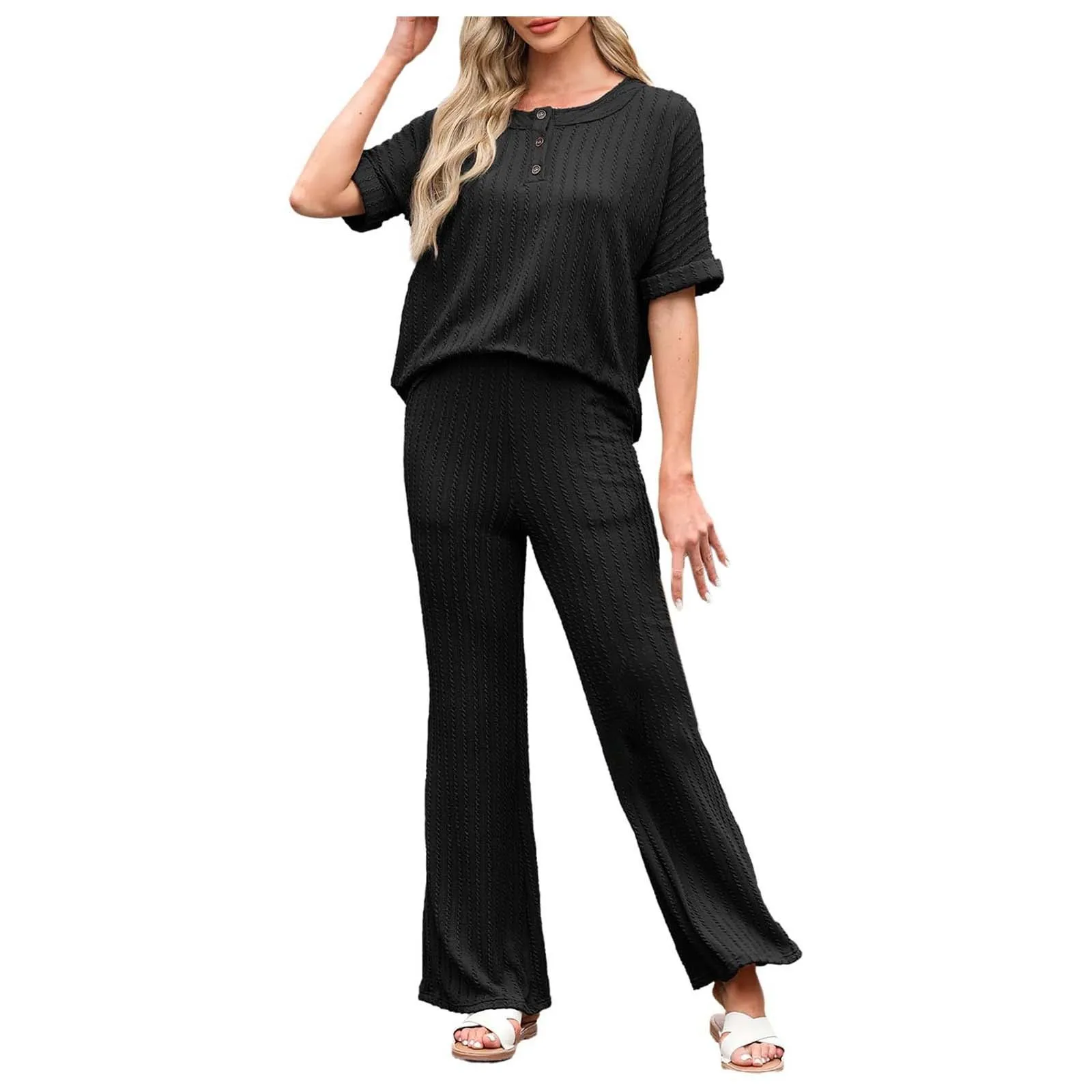 

New Casual Sets for Women 2 Pieces Autumn O-neck Short Sleeve Pullover Tops Sweater + Wide Leg Pants Women Loose Office Suit Set