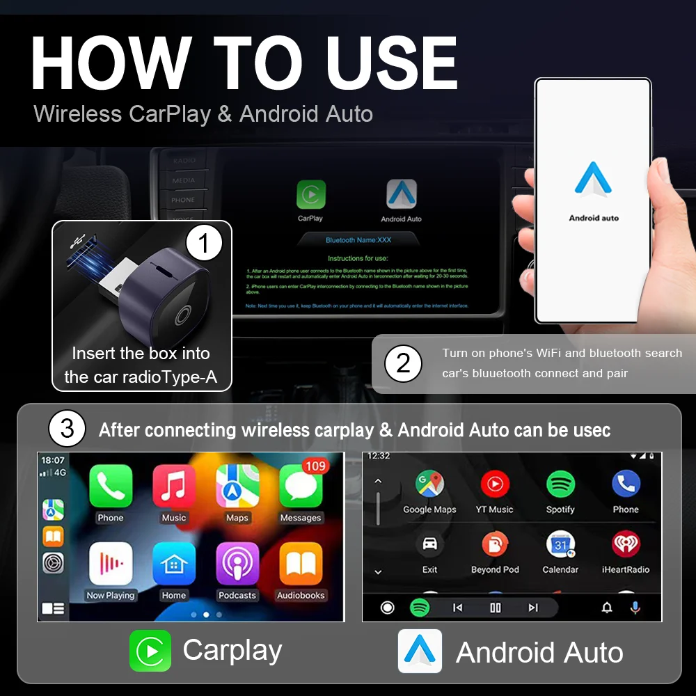 New XUDA 2 in 1 Wireless CarPlay Adapter&Android Auto Wireless Adapter, 5Ghz WiFi Type-C/USB Plug Play CarPlay Wireless - view 6
