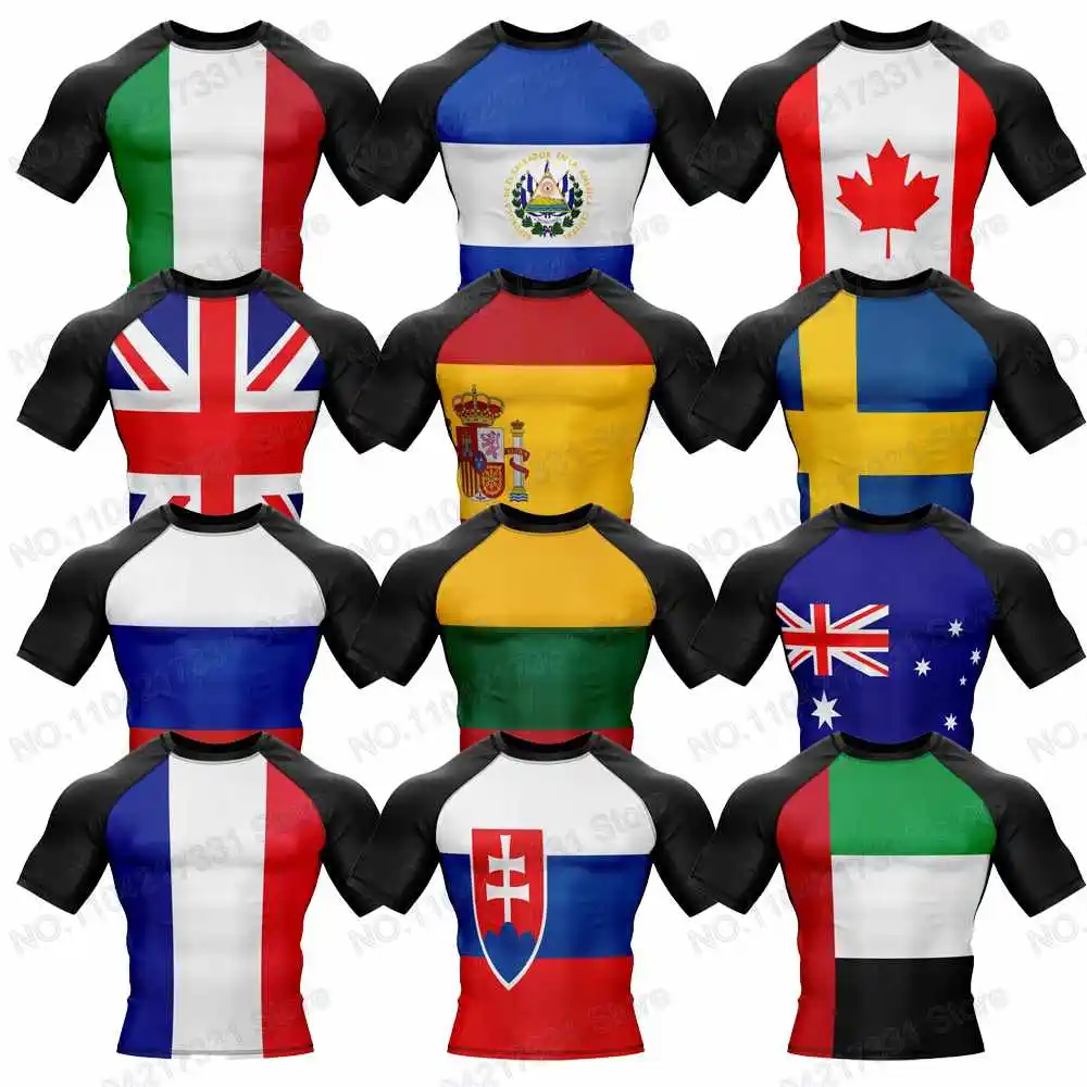 T-Shirt National Flag Rash Guards Surfing Jersey Beach Shirts Swimwear Diving Gym Shorts MMA BJJ Men Jiu Jitsu Fitness Sets