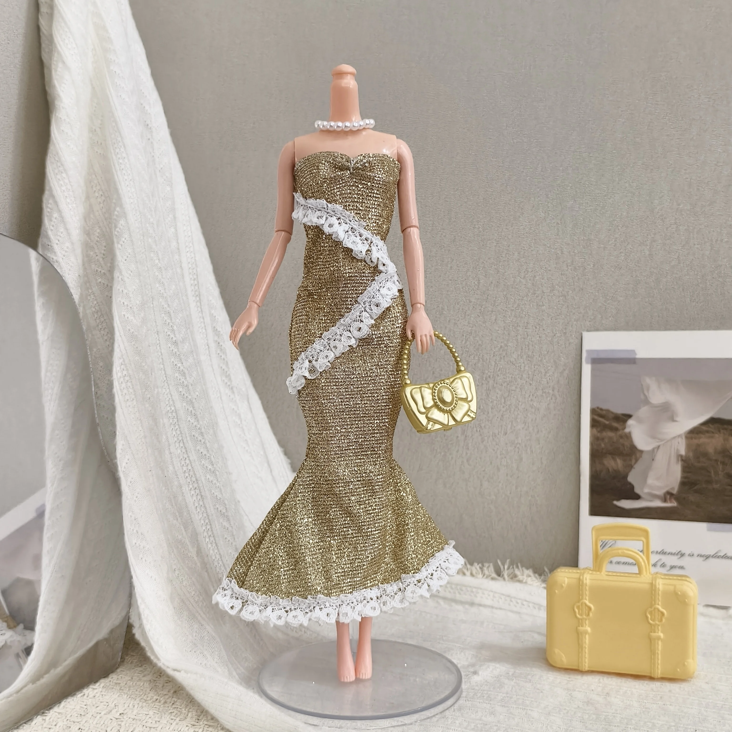 

Fashion Gold Lace Fishtail Dress Luxury Elegant Evening Gown For 1/6 FR Babi Supermodel Doll Party Dress Up Clothes Accessories