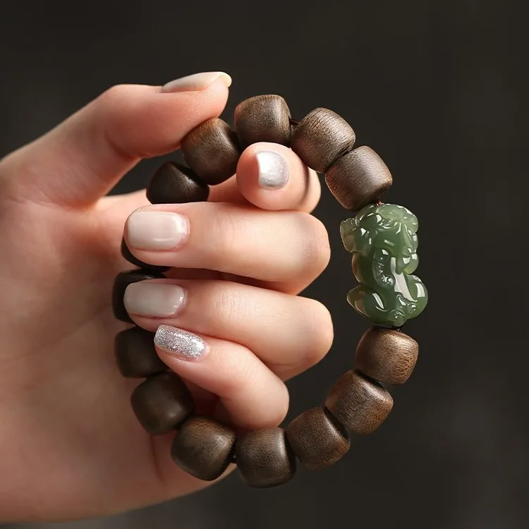 

Natural incense strings Hetian jade braves men and women high end literature play sandalwood Buddha men beads bracelet black