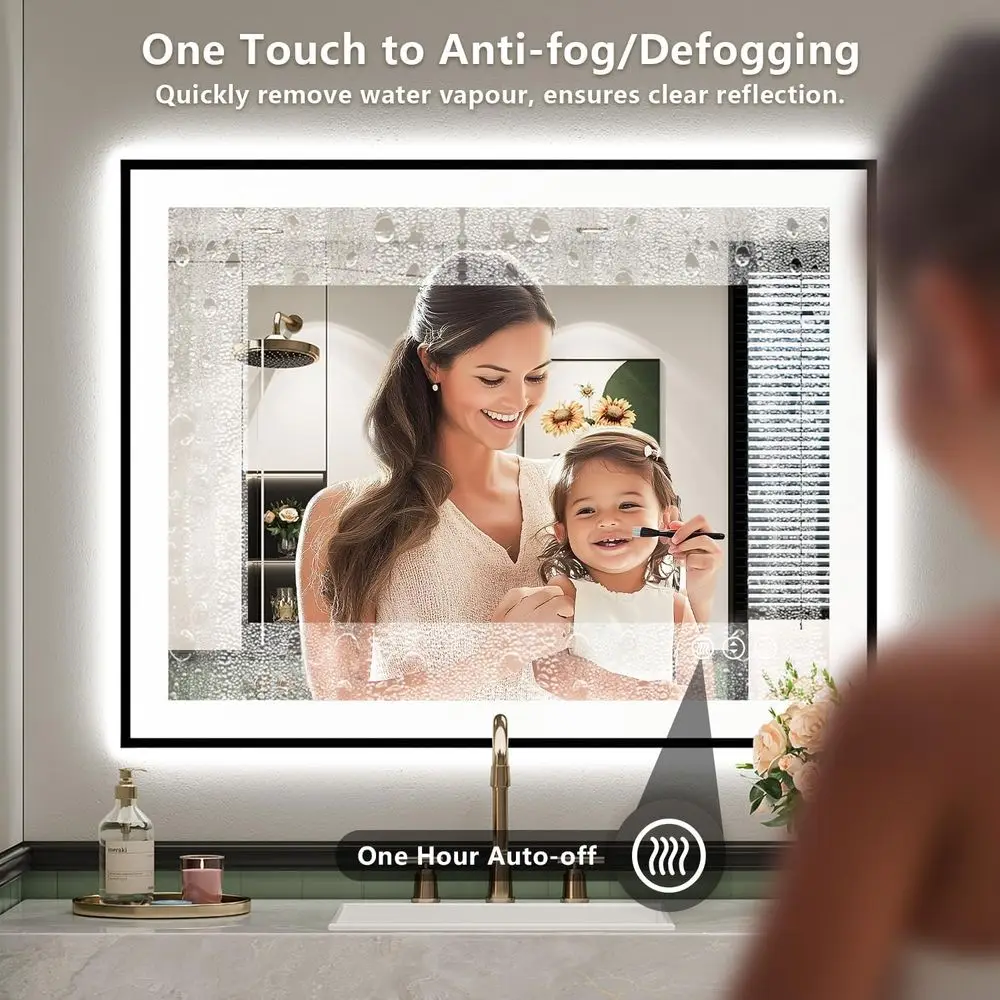 مرآة حمام مضيئة بإضاءة LED، 28 × 36، إطار أسود، قابلة للتعتيم، مضادة للضباب، زجاج مقسى، قابلة للتركيب على الحائط #6
