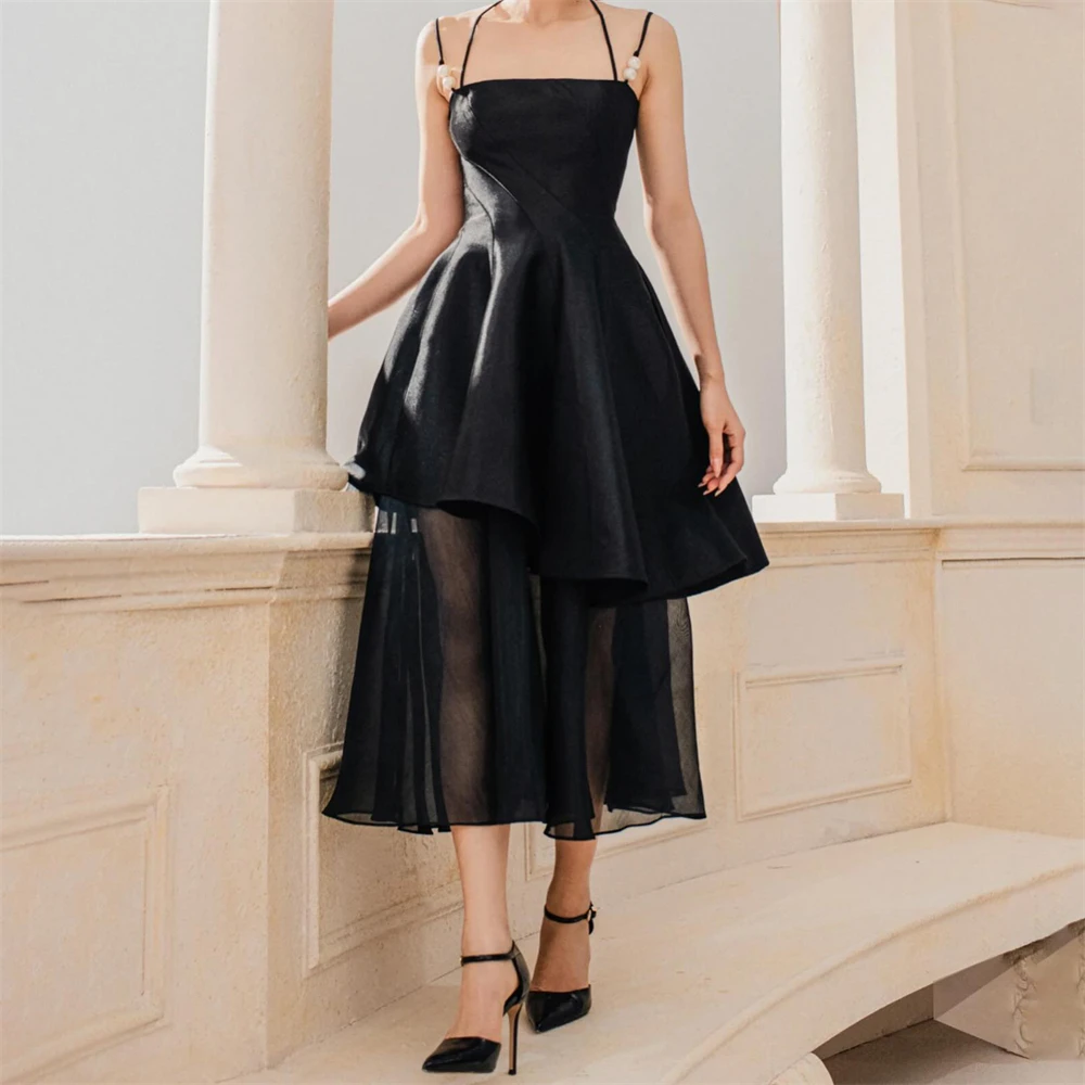 

Tarot Simple A Line Organza Saudi Prom Dresses Sleeveless Spaghetti Strap Elegant Evening Dress For Women Tea Length فساتين سهرة