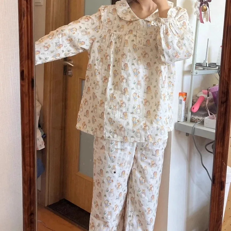 Women's Pajamas New Autumn Spring Long Sleeve Soft Sleepwear Set Striped cartoon pyjama Woman Home Nightwear Set Cardigan