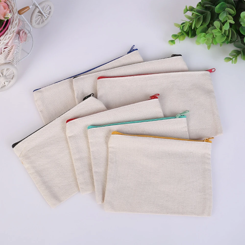 6 Pieces Blank Canvas Makeup Bag Random Color Pen Pencil Pouches Cotton Canvas Invoice Bill Bag With Zipper Travel Toiletry Bag