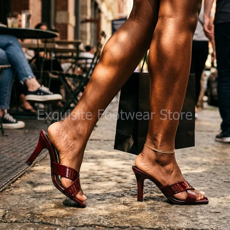 

Elegant Patent Leather Mules 7.5cm Stiletto High Heels Sexy Pointed Toe Party Dress Shoes Italy Genuine Leather Sole Big Size 43