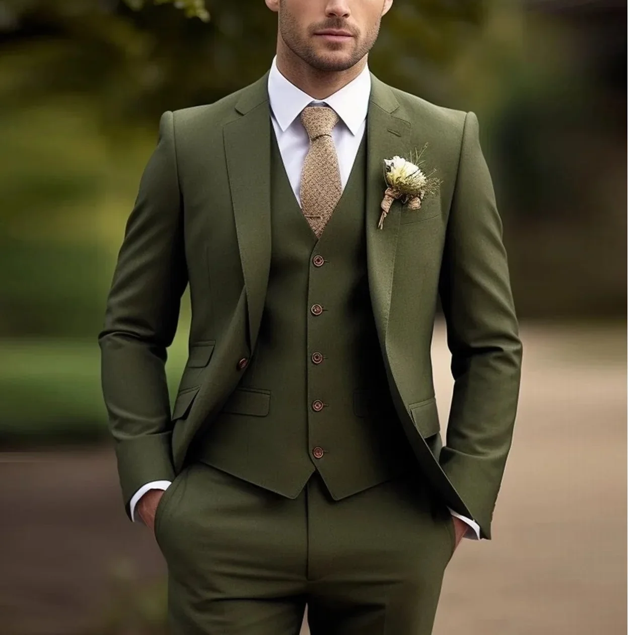 Blazer slim fit casual de negócios masculino, terno de casamento para noivo, conjunto completo, colete e calça elegante verde do exército, bege