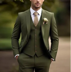 Elegant Men's Suits Full Set (Jacket+Vest+Pants ) Army Green Slim FIT Business Casual Tuxedo Blazer Beige Groom Wedding Suits