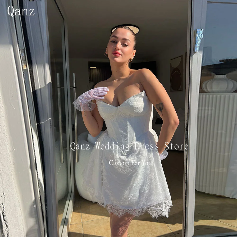 

Qanz Boho Mini Appliques Wedding Dresses for Brides Sweetheart Lace Up Back Girls Party Dresses Short Bridal Gowns Customized