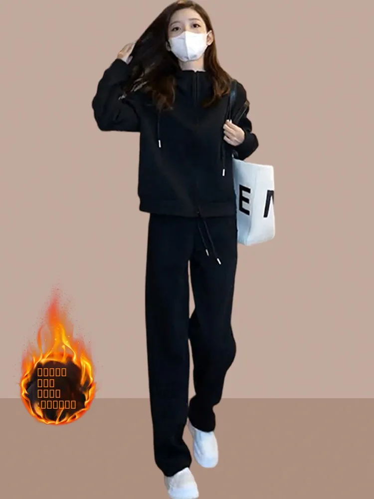 女性のフリース裏地付き厚みのあるハイウエストカジュアルパンツスウェットシャツツーピースセット秋冬新スタイルスポーツウェアアンサンブル