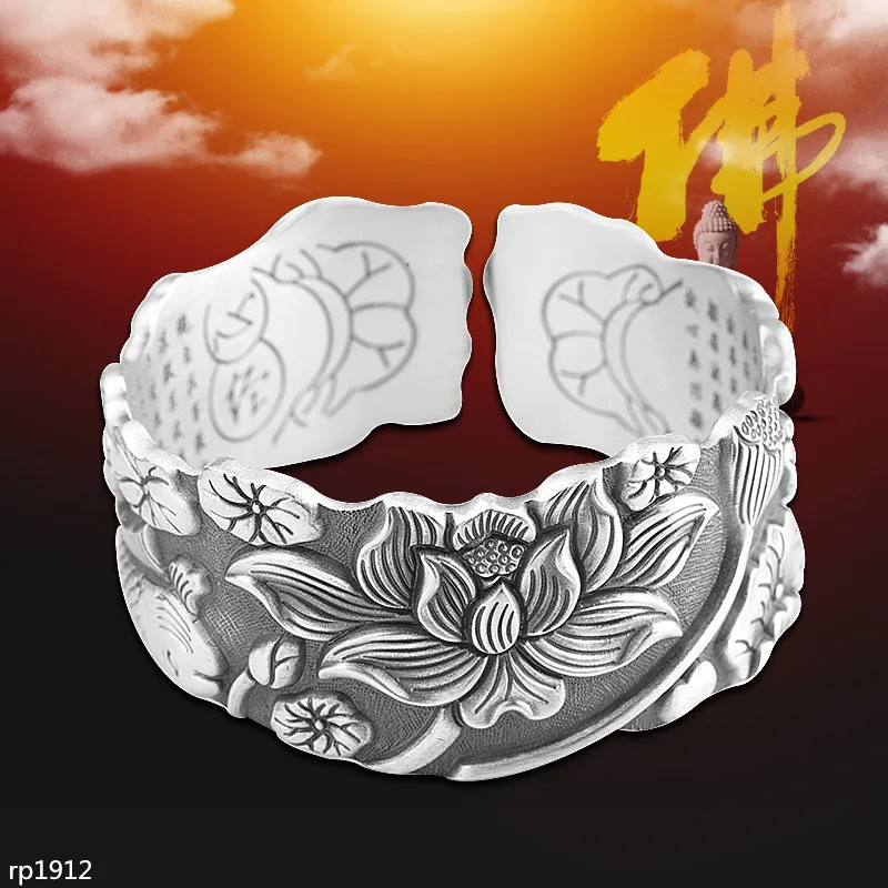 Sterling Silver 999 Lotus Heart Sutra Cuff Bangles for Men and Women Vintage  Fashion Openable Bangle Accessories Jewelry