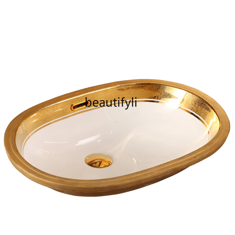 European-Style Drop-in Sink Oval Embedded Golden Bathroom Washbasin Artistic Ceramic Wash Basin