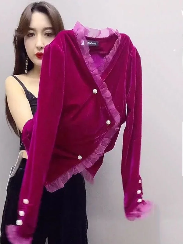 

Faionable Velvet irt Long Sve V-Ne Slimming Base Layer Top Age-Defng Trendy Korean Sle Women's Busin Casual Wear