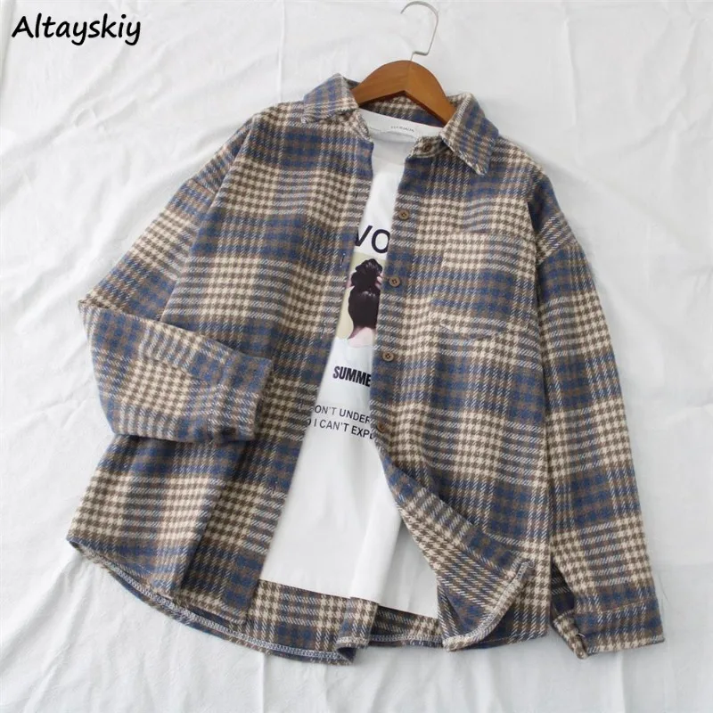 

Plaid Jackets Women Loose Vintage Outwear Classic Korean Style All-match Temper Long Sleeve Clothing High Street Teens Pockets