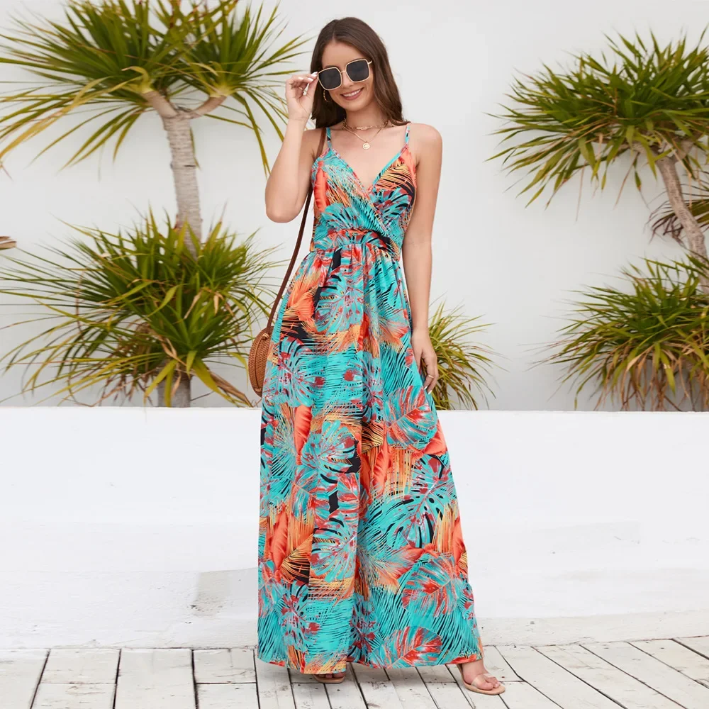 Abito da donna sexy con scollo a V profondo, cinturino per spaghetti senza schienale, stampa Boho, maxi abito da spiaggia, moda estiva, abiti da festa slim senza maniche
