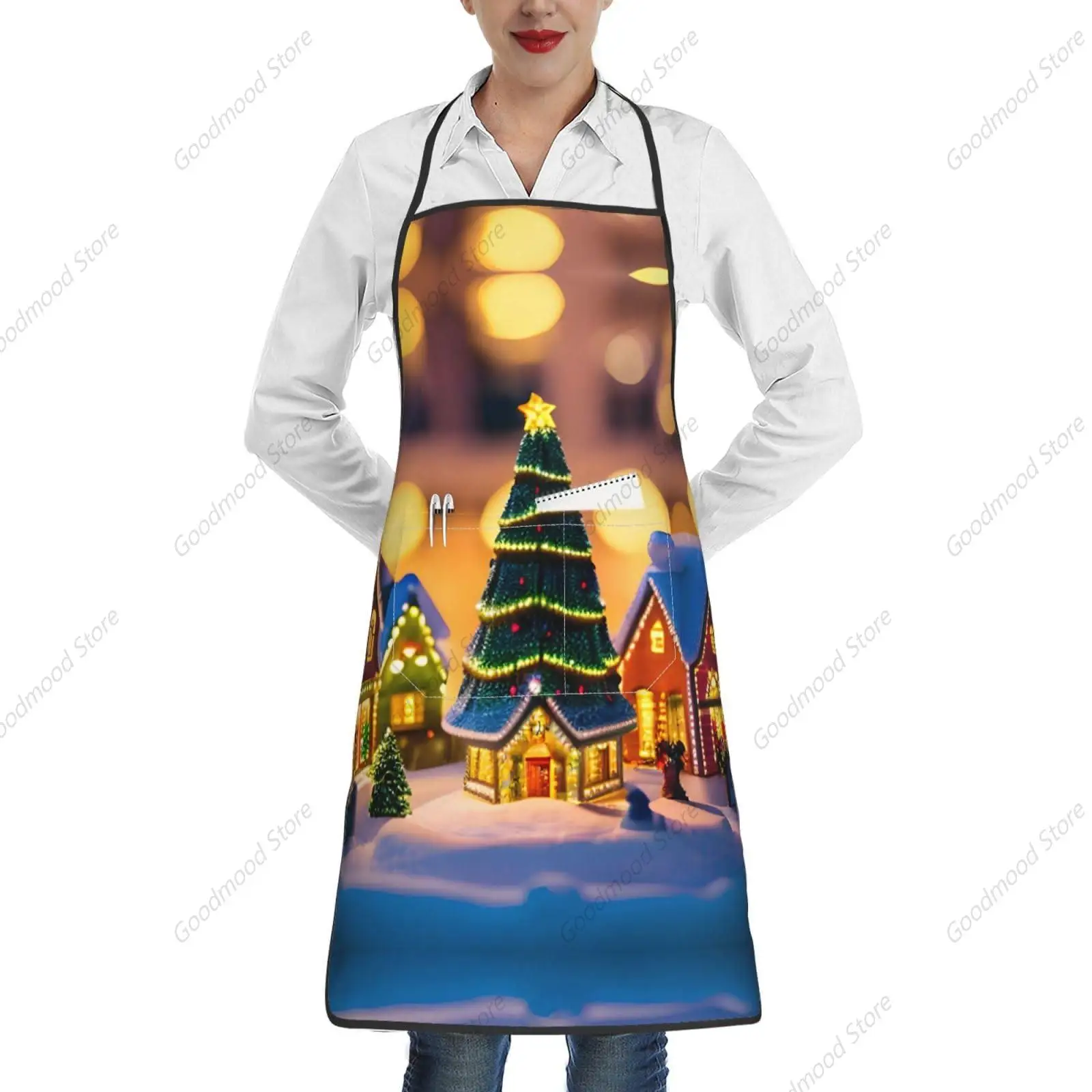 Christmas Village Print 1 Pack Apron For Women With Pockets, Adjustable Chef Aprons For Cooking, Bbq & Grill