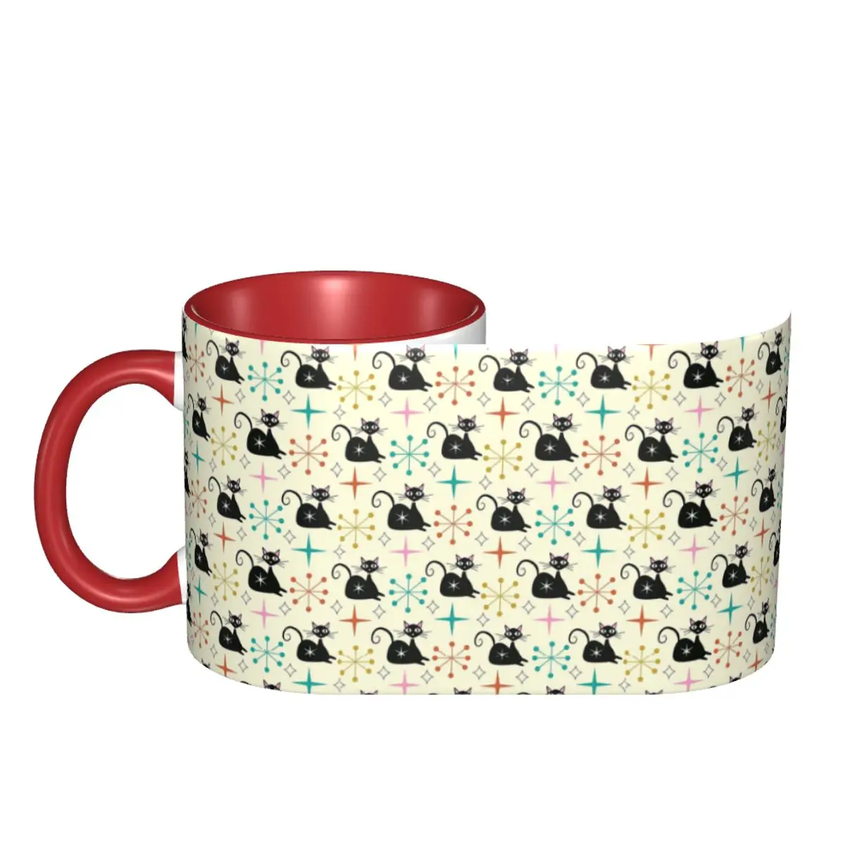 Mid Century Black Atomic Cat With Starbursts Mug Ceramic Coffee Cups Tea Mugs Milk Cup Drinkware Gifts for Woman Man DIY Custom