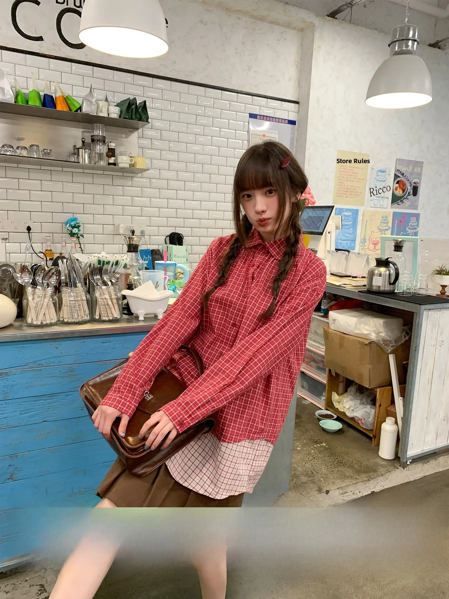 

Unique Color Block Plaid Collar Shirt Women's Spring Special Design Top Small Audience Design Cotton Long Sleeve Loose Fit