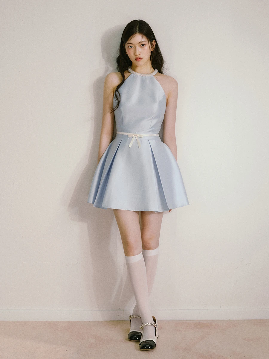 REDDACHiC レディース パール ホルター パーティードレス エレガント サテン オフショルダー リボン プリーツ ミニドレス 卒業式 フォーマル 夏 ワンピース