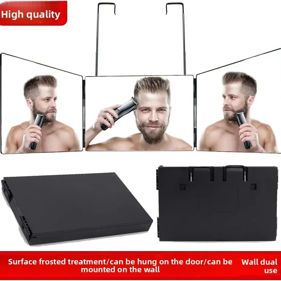 Faltbarer, LED-beleuchteter Schminkspiegel, Haarschneidespiegel, dreiseitig, ausziehbarer Haken, Kosmetikspiegel, kompaktes tragbares Design