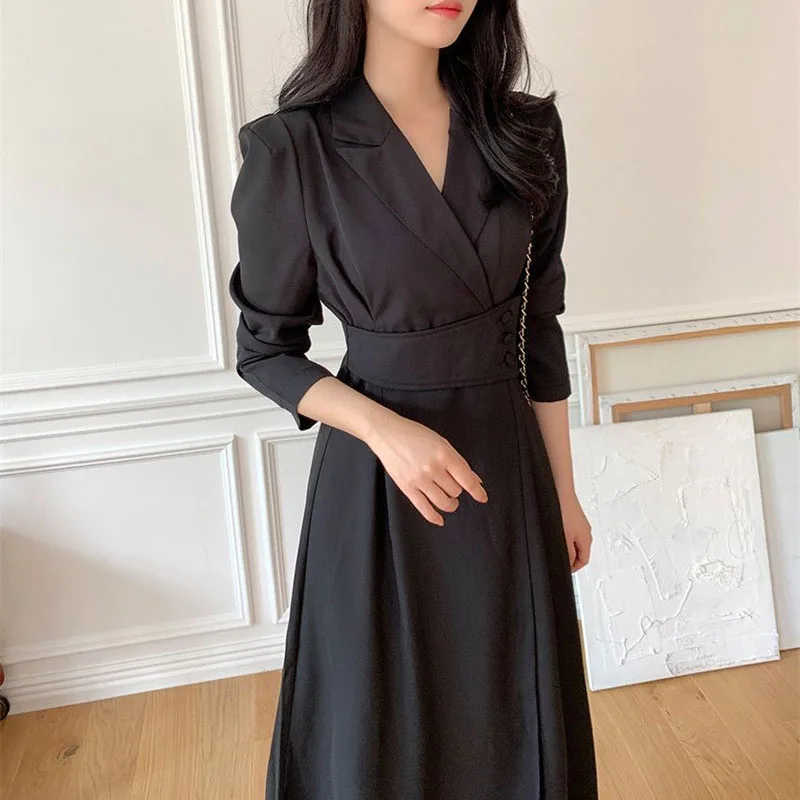 2026 nuevo vestido de mujer coreano Chic elegante cuello abatible cruzado de encaje Puff manga vestido camisero ajustado vestidos de longitud media para mujer